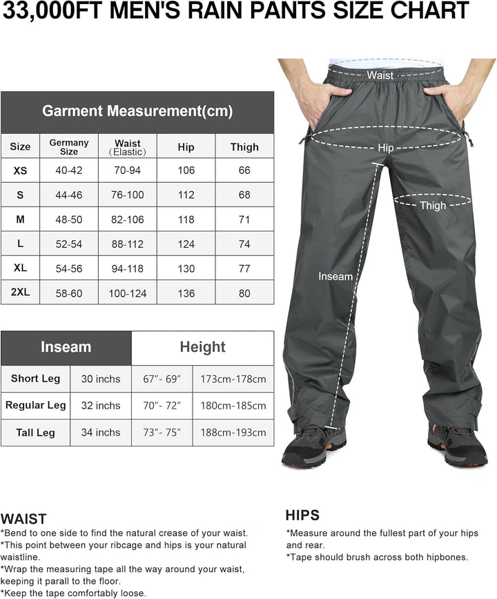 33,000ft wasserdichte Regenhose für Herren Leichte Regenhose Winddichte Outdoorhose zum Wandern Camp