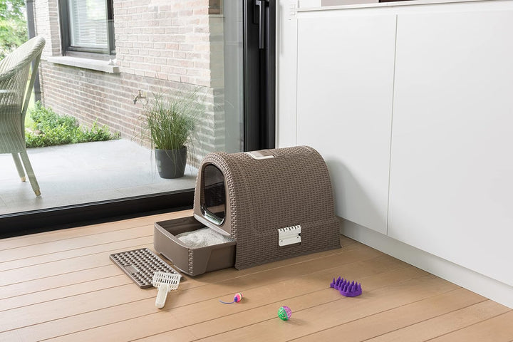 Curver petlife Katzentoilette mit Deckel, Katzenklo inklusive Schaufel, Moderne Rattangeflecht-Optik