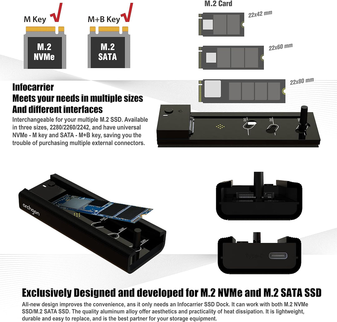 Archgon MSD-3100 Externes SSD Dock NVMe(PCIe)/SATA , Kompatibel mit M.2 2242/2260/2280 SSD, USB 3.2