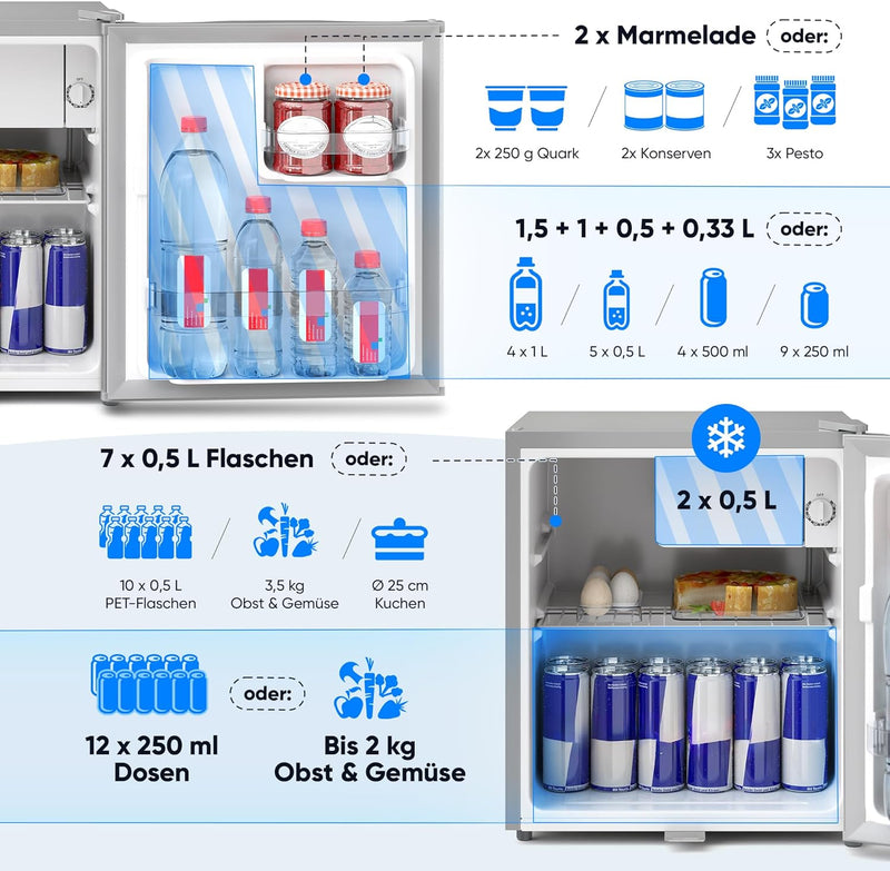 Stillstern Mini Kühlschrank E 45L mit Abtauautomatik, Schloss, Frostfach, Leise, Ideal für Küche, Bü