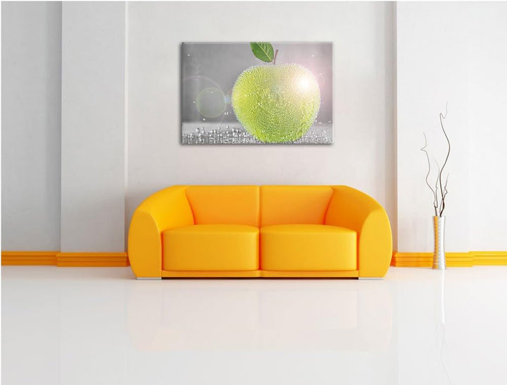Grüner saftiger Apfel mit Wasserperlen schwarz/weiss Format: 100x70 auf Leinwand, XXL riesige Bilder