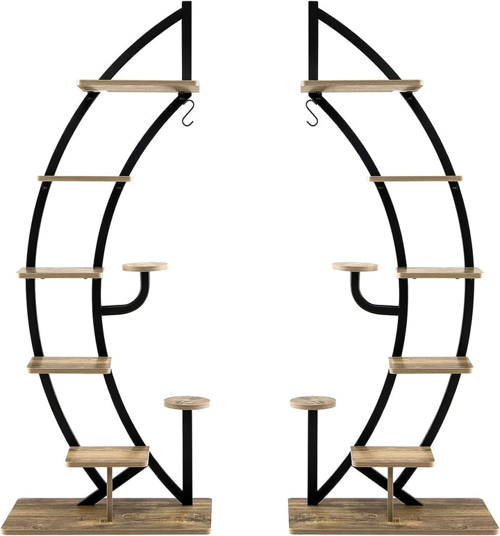HOMASIS 6 Ebenen Blumenständer aus Metall, Pflanzenregal mit 7 Ablagen & 1 Haken, elegante Halbmondf