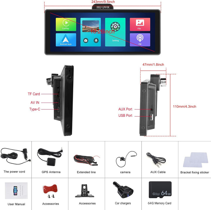 4K Display Carplay Android Auto Monitor 1440P Dashcam mit GPS ADAS, Hodozzy 10,26 Zoll IPS Touchscre