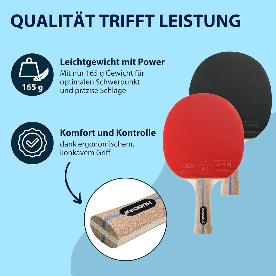 HUDORA Table Tennis Set Game/Match/Tournament - high-quality table tennis racket set with 2/2/1 rack