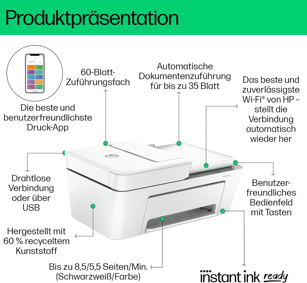 HP DeskJet 4220e Multifunktionsdrucker, 3 Monate gratis drucken mit HP Instant Ink inklusive, HP+, D