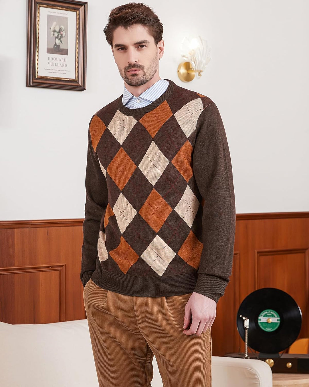 Kallspin Herren Wollmischung Strickpullover Argyle Rundhalsausschnitt Pullover Sweater S Braun, S Br