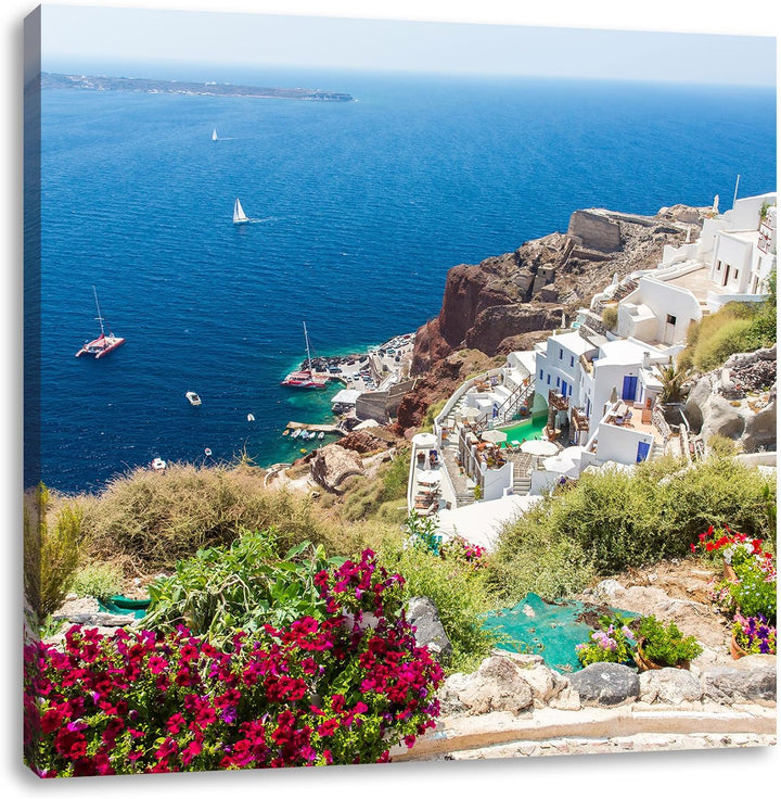 Griechische Küste, Format: 70x70 auf Leinwand, XXL riesige Bilder fertig gerahmt mit Keilrahmen, Kun