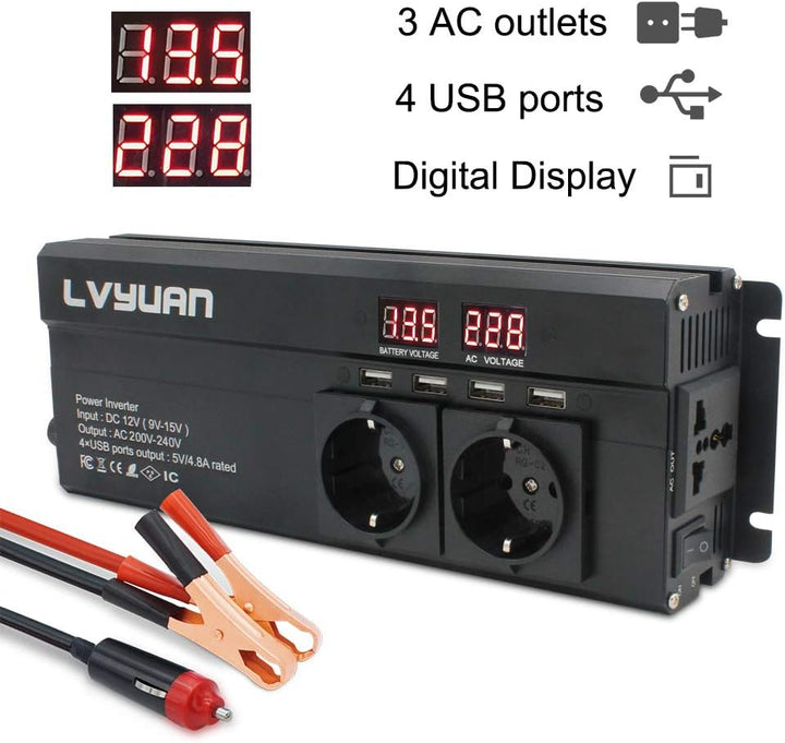 Cantonape Spannungswandler 12V 230V /1000w (2000w Peak Wechselrichter mit 3 Steckdose und 4 USB LED