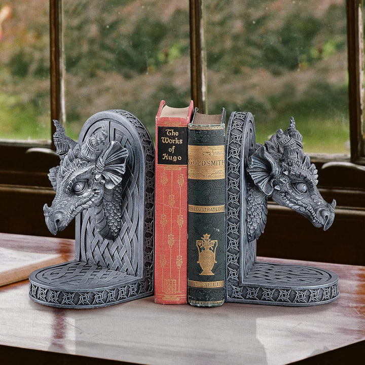 Design Toscano Grauer Mönch Buchstützen mit Drachen, 11,5 x 4 x 19 cm Grauer Bruderdrache, Grauer Br