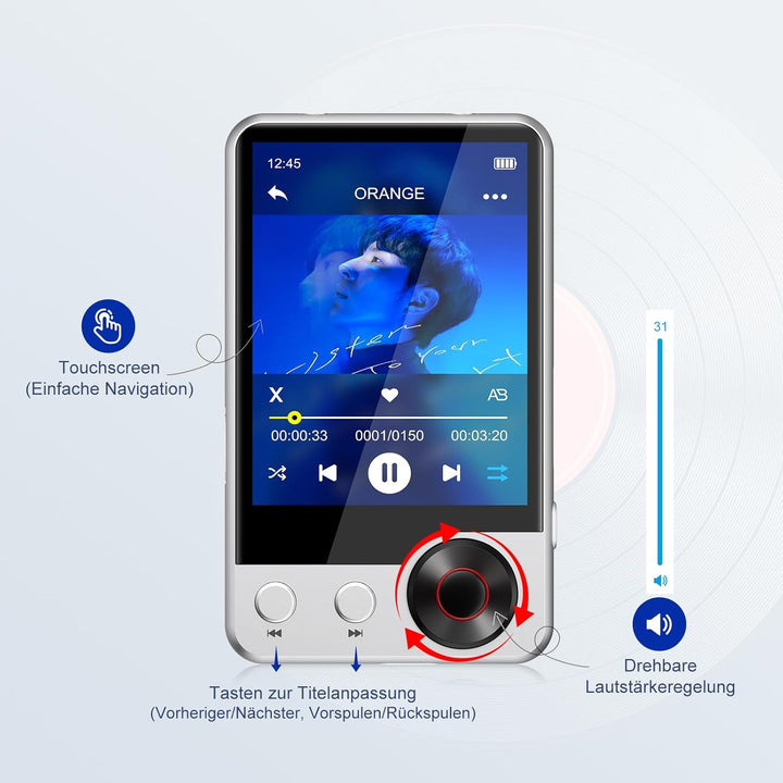 128GB MP3-Player mit Bluetooth 5.3, Verlustfreier HiFi-Musikplayer mit Zwei Kopfhöreranschlüssen, HD