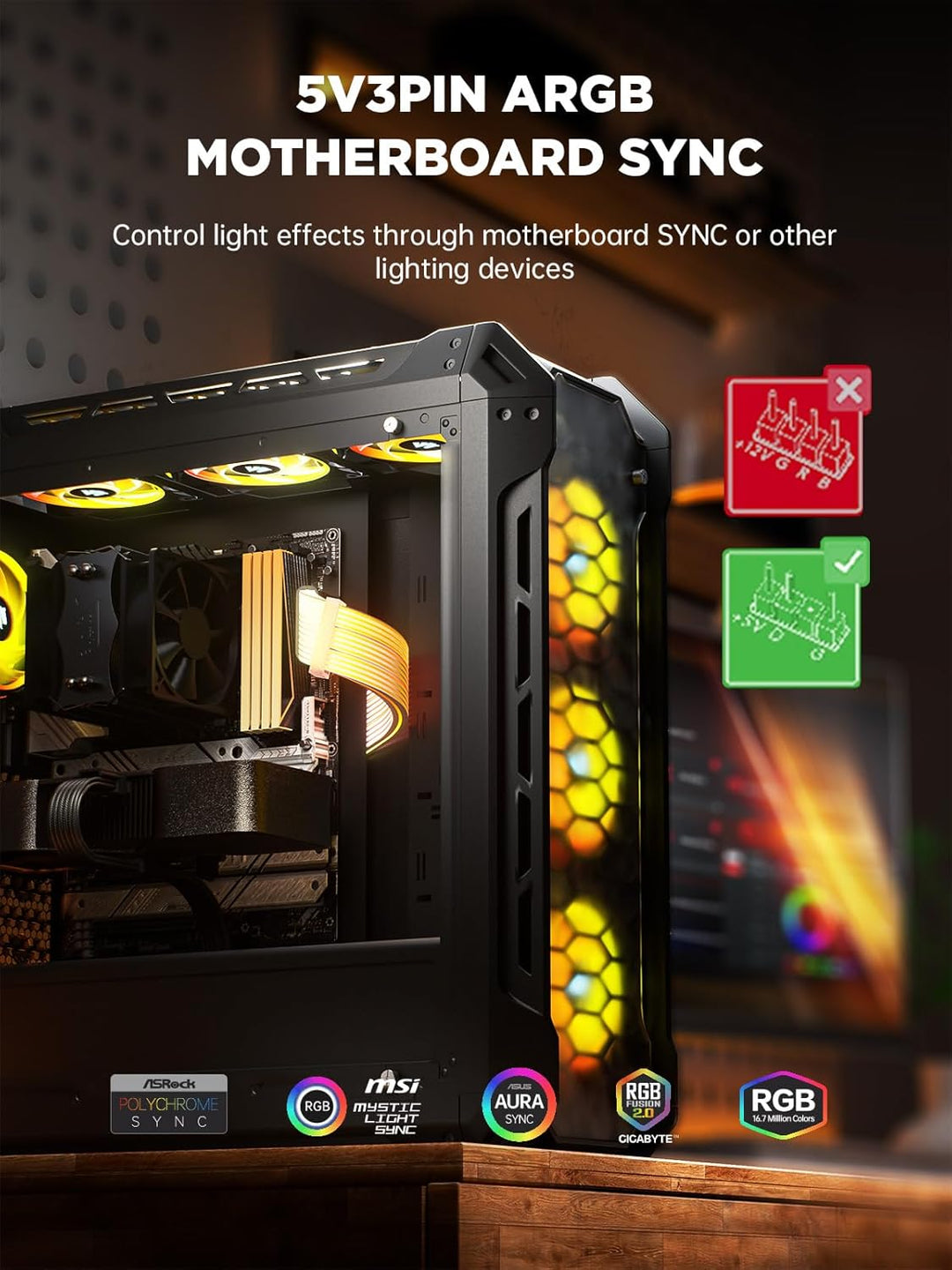 AsiaHorse 24Pin ATX Adressierbare RGB Kabel, ARGB 24PIN Mainboard Sleeved Cable, 5V 3PIN PSU Kabelve