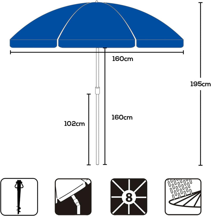 Sekey 160cm GRS-zertifizierter Sonnenschirm mit Sonnenschirmhalter für Garten, Terrasse & Strand | H