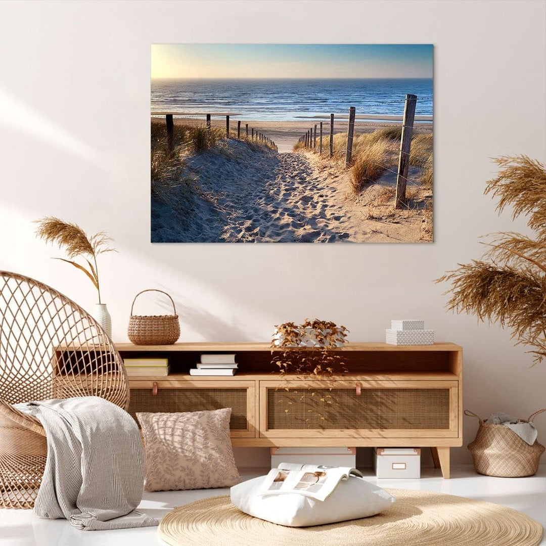 Bilder auf Leinwand 100x70cm Leinwandbild mit Rahmen Meer Strand Düne Gross Wanddeko Bild Schlafzimm