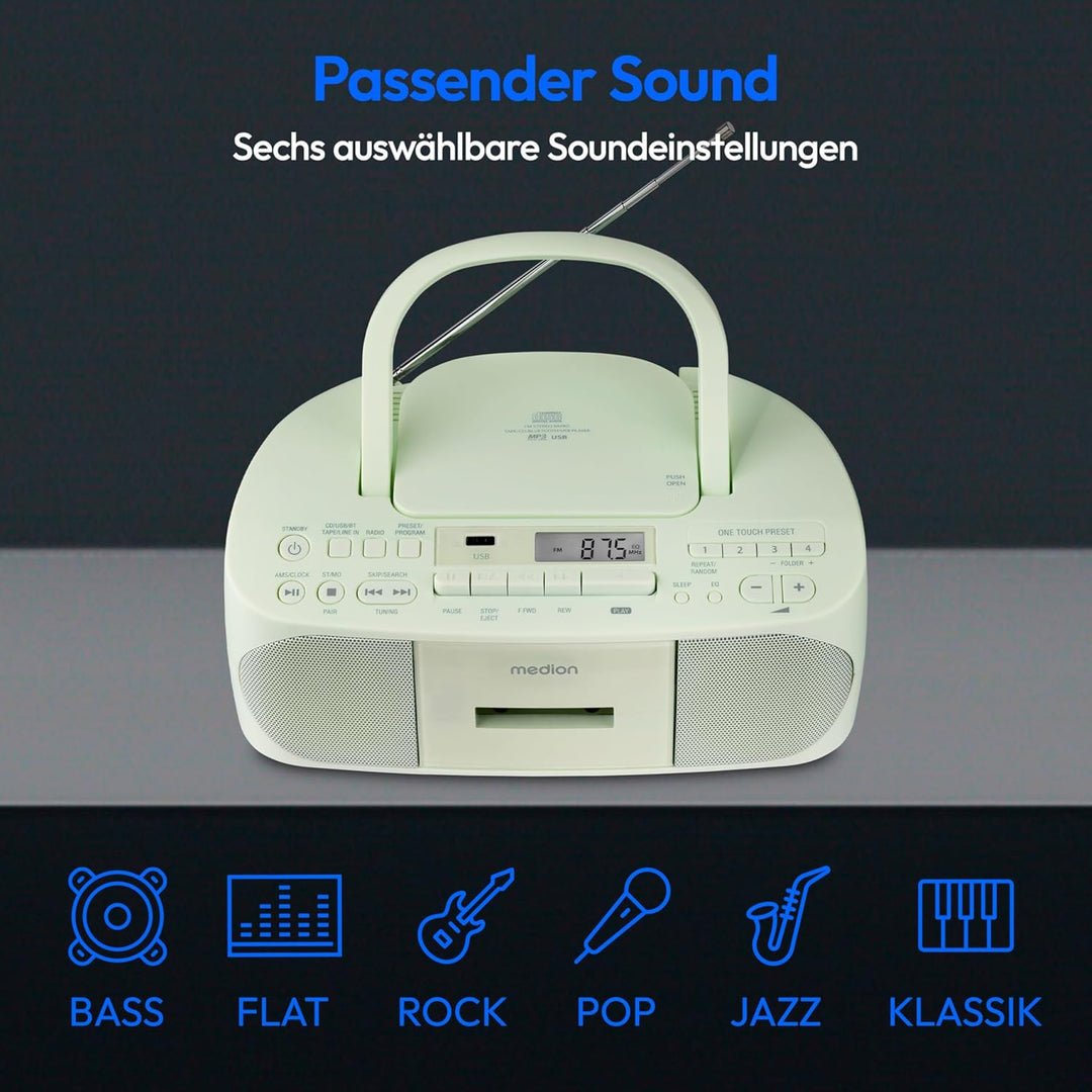 MEDION E65010 Stereoradio (CD-Player, Kassette, USB Anschluss, AUX Audioeingang, MP3-Widergabe. UKW