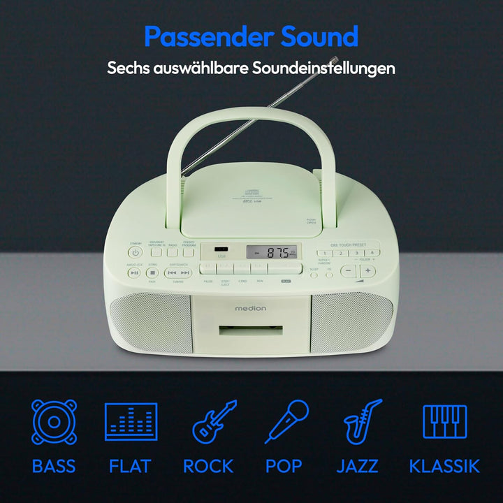 MEDION E65010 Stereoradio (CD-Player, Kassette, USB Anschluss, AUX Audioeingang, MP3-Widergabe. UKW