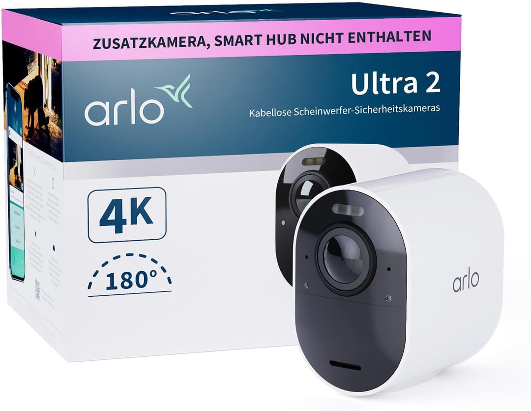 Arlo Ultra 2 Überwachungskamera Aussen WLAN, Kabellos, 4K UHD Qualitätsprodukt, 180° Sichtfeld, Spot