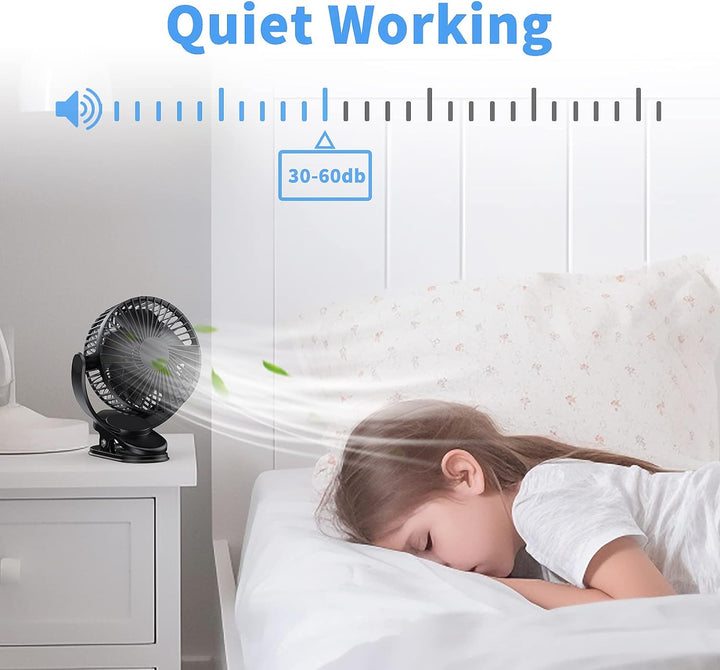 ATEngeus Mini USB Ventilator, 5000mAh Clip Fan, 3-Gang Akku Ventilator, leiser Tischventilator, 360°