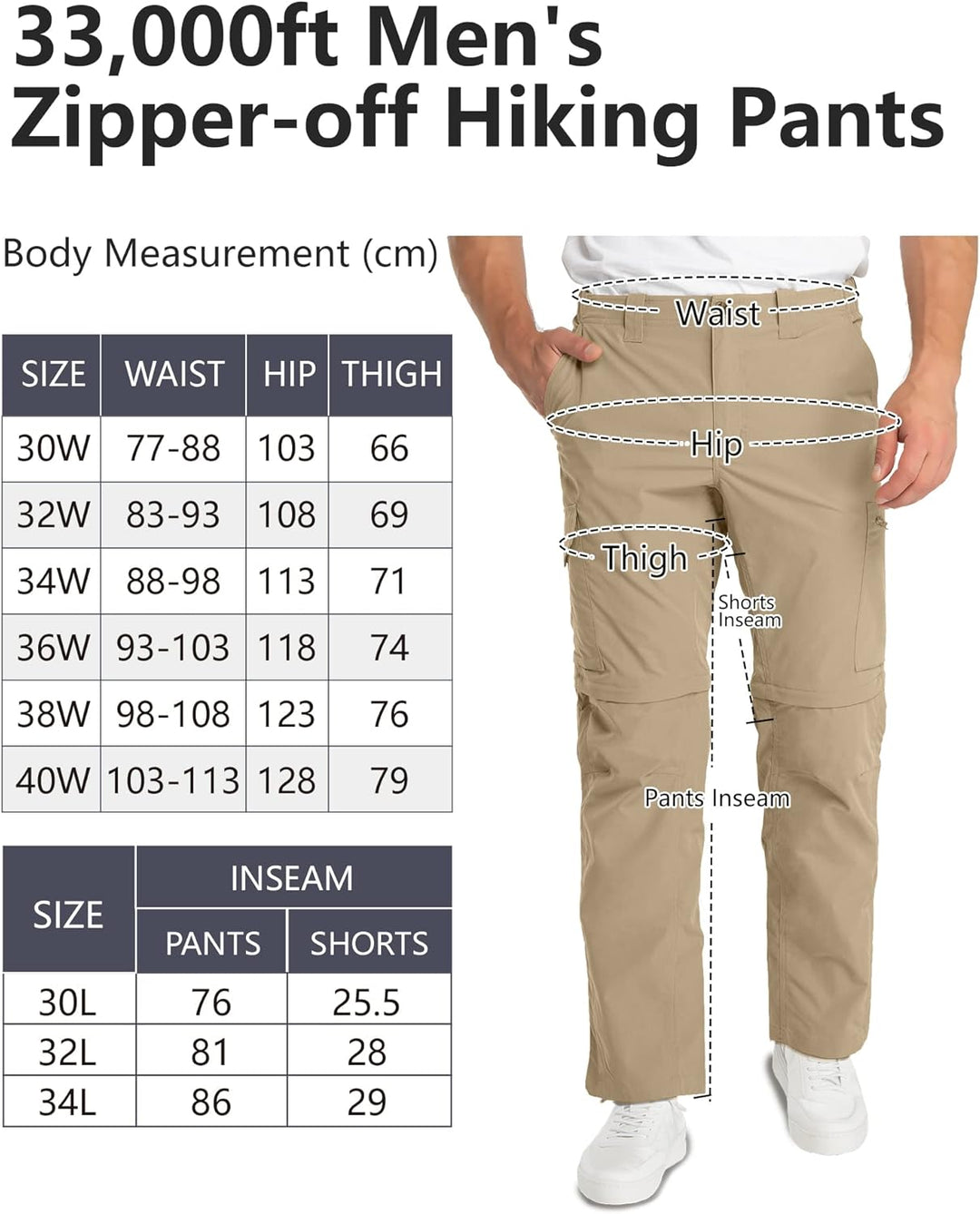 33,000ft Wanderhose Herren Zip Off Trekkinghose, Atmungsaktiv Abnehmbar Stretch Outdoorhose mit 6 Ta