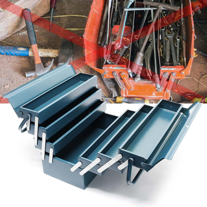 Wiltec Werkzeugkiste 420x200x250mm aus Stahl mit 7 Fächern, beständiger Werkzeugkasten mit Handgriff