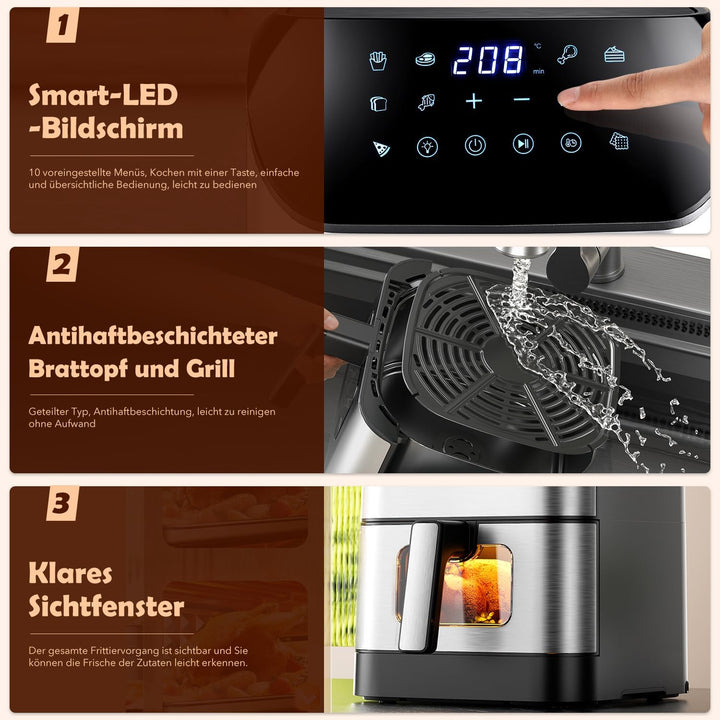 Heissluftfritteuse mit Sichtfenster 8L, Heissluftfritteuse Air Fryer mit Digitalem LED-Touchscreen,