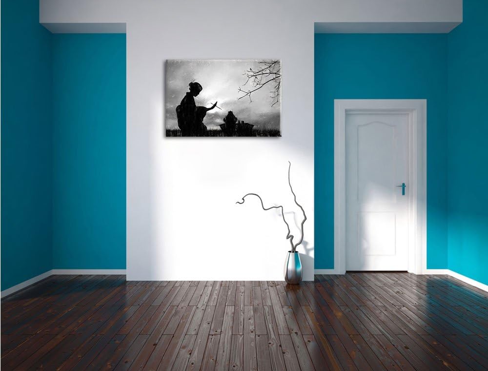 Geisha Kohle Effekt, Format: 100x70 auf Leinwand, XXL riesige Bilder fertig gerahmt mit Keilrahmen,