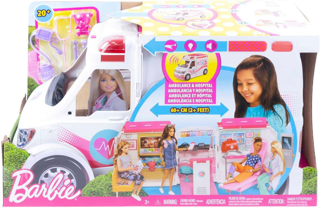 Barbie FRM19 - 2-in-1 Krankenwagen, aufklappbares Fahrzeug mit Licht und Geräuschen, Puppen Spielset
