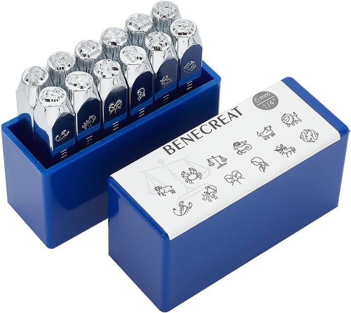 BENECREAT 12 Horoskop Design Metallstempel (6mm 1/4") Zodiac Animal Metallstempel Mit Werkzeugkoffer