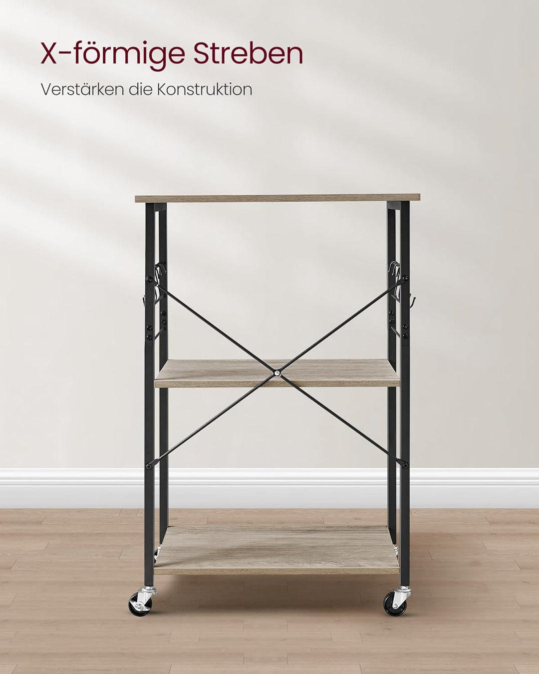 VASAGLE Küchenregal auf Rollen, Servierwagen, 3 Ebenen, Küchenwagen, für Mini-Backofen, Mikrowellen,