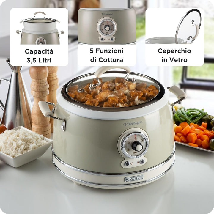 Ariete 2904 Reiskocher Rice Cooker Slow Cooker Dampfgarer Vintage Line 3,5 L Antihaft-Keramikbeschic