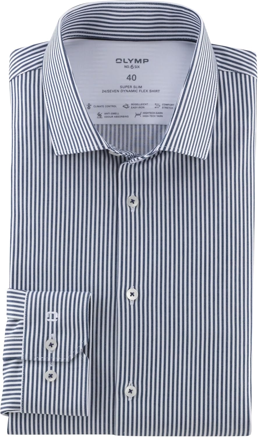 OLYMP Herren Businesshemd Langarm No. Six 24/Seven,Römer Streifen,super Slim,Modern Kent 37 Dunkelbl