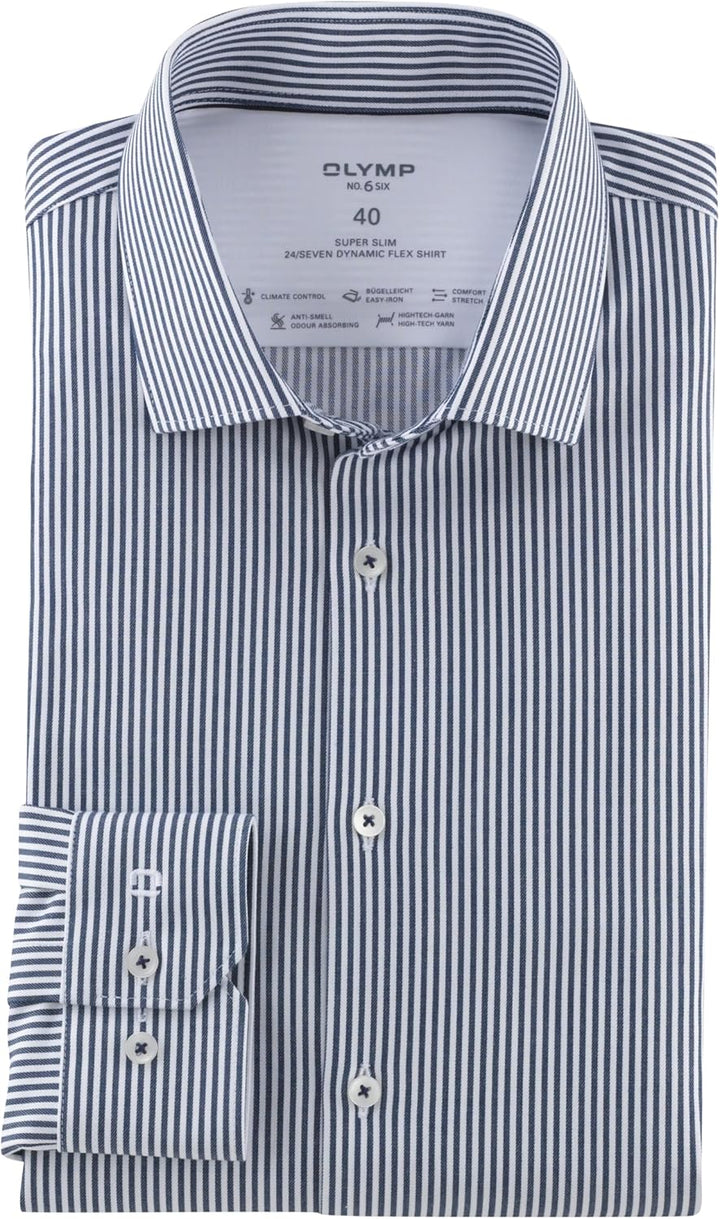 OLYMP Herren Businesshemd Langarm No. Six 24/Seven,Römer Streifen,super Slim,Modern Kent 37 Dunkelbl