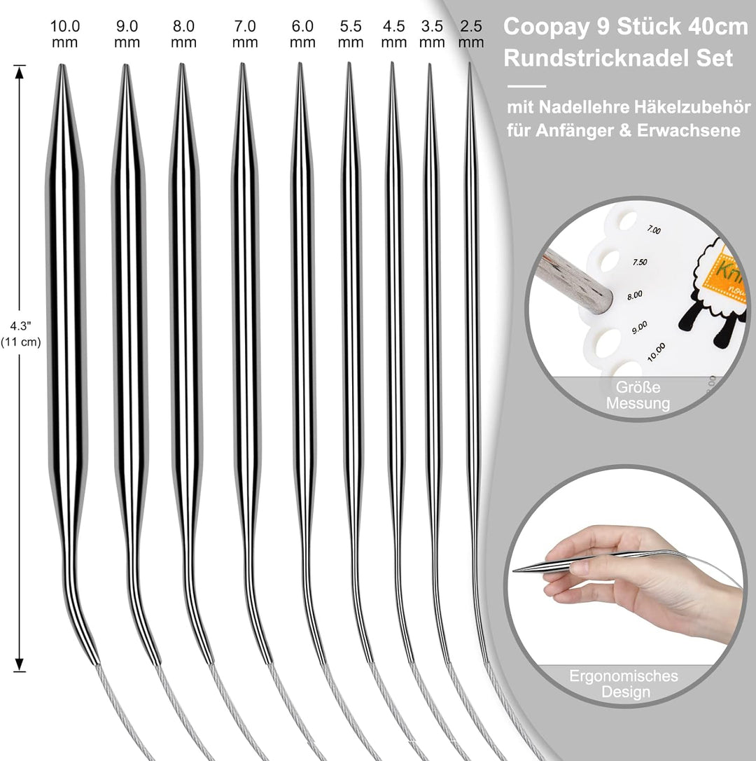 Coopay Rundstricknadeln 40 cm Edelstahl Rundstricknadel Set mit Tasche & Strickzubehör, 2,5-10 mm Me