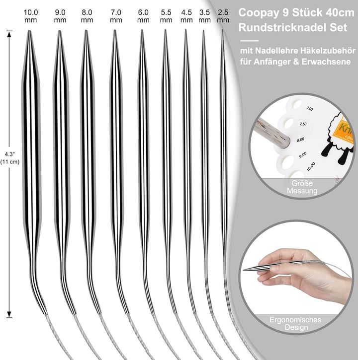 Coopay Rundstricknadeln 40 cm Edelstahl Rundstricknadel Set mit Tasche & Strickzubehör, 2,5-10 mm Me