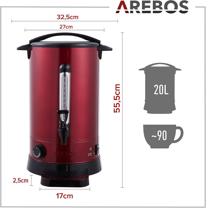 Arebos Glühweinkocher 1650 W | Heissgetränkespender | 20 L | mit Auffangschale, Auslasshahn, Thermos