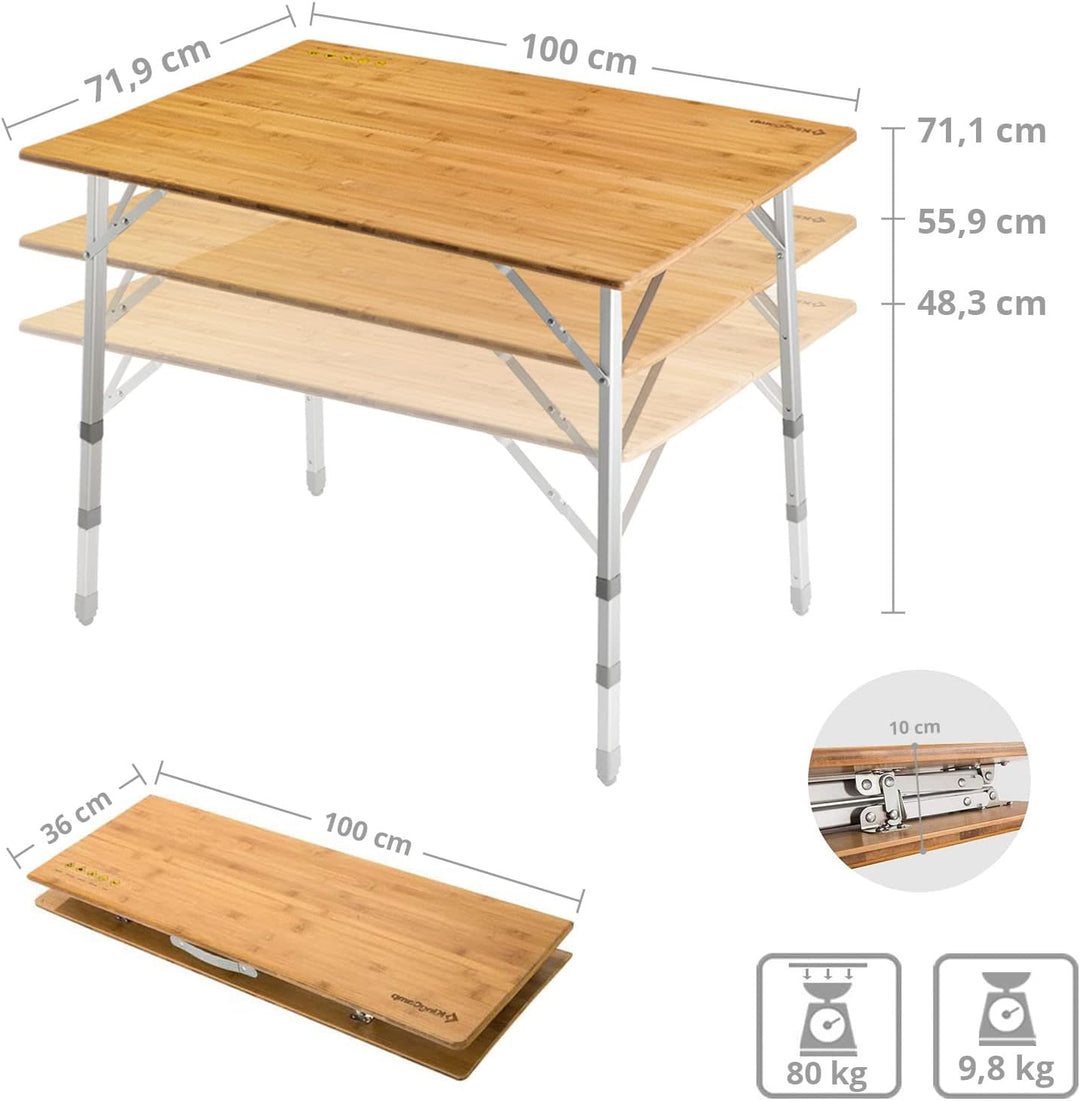 KingCamp Bambus Camping Falt Tisch Garten Klapptisch Alu Holz 3Höhen Verstellbar
