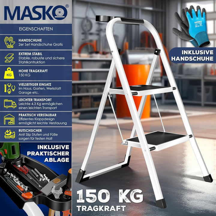 MASKO® Trittleiter Klappleiter 2 Stufen-Leiter Stufenleiter belastbar bis 150 kg | Tritthocker Anti-