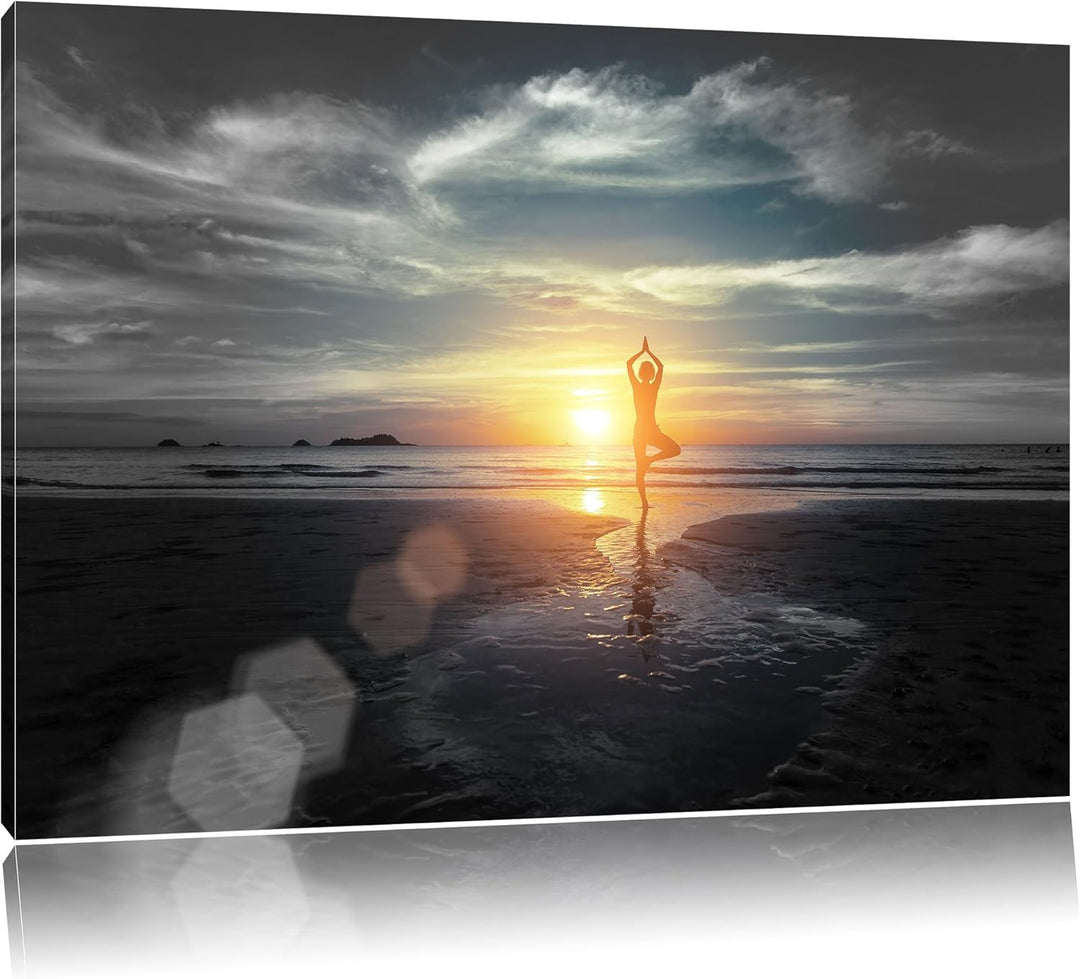 Pixxprint Yoga Silhouette am Strand als Leinwandbild/Grösse: 100x70 cm/Wandbild/Kunstdruck/fertig be
