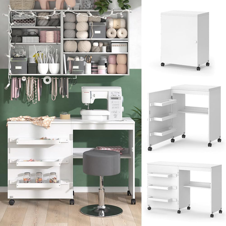 Vicco Nähtisch Carmen, Nähmaschinenschrank, Weiss, 118.5 x 79.5 cm mit 3 Regalen Weiss 118 cm, Wei&#