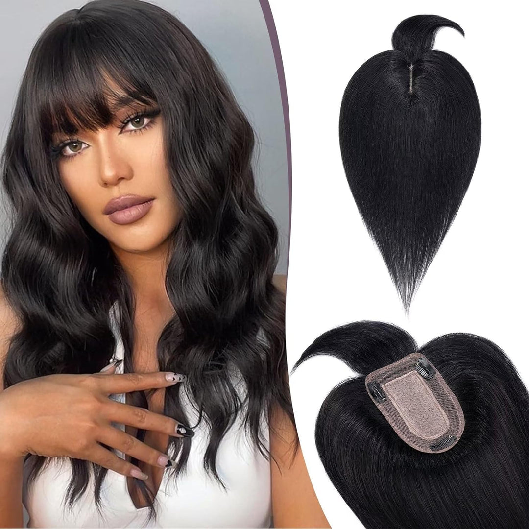 TESS Hair Topper Echthaar Schwarz, 7x13cm Basis Toupet Damen #1 Schwarz mit Pony Haartopper Echthaar