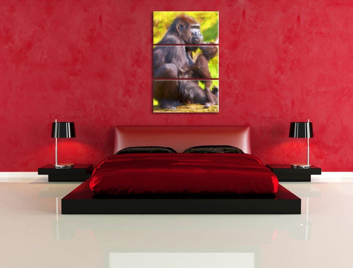 Gorilla-Baby küsst seine Mutter NewArt 3-Teiler Leinwandbild 120x80 Bild auf Leinwand, XXL riesige B