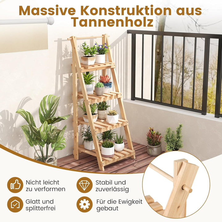 COSTWAY Blumentreppe klappbar, Leiterregal mit 4 Ablagen, Blumenregal aus Tannenholz, Pflanzleiter P
