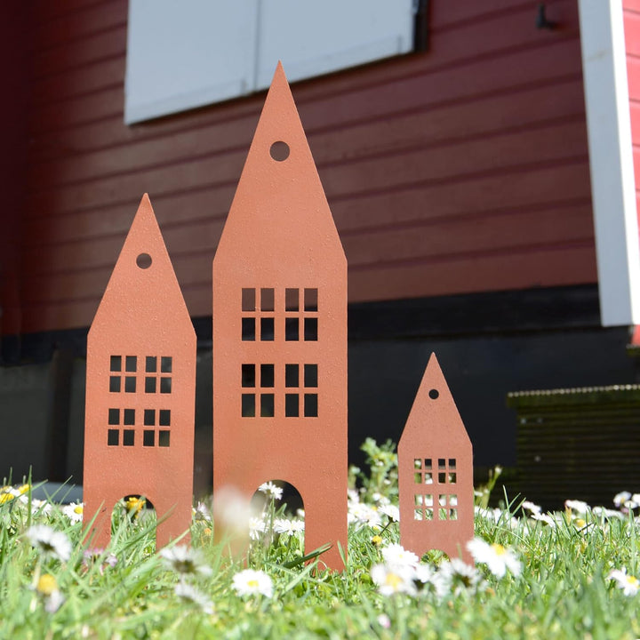 UNUS Garden Häuser Gartenstecker 3er Set, Gartendeko Rostoptik, Roststecker aus Edelrost Metall, Ros