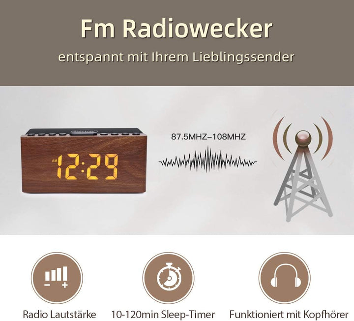 ANJANK Digitaler Radiowecker aus Holz mit Kabelloser Ladestation,10W Fast Wireless Charger for iPhon
