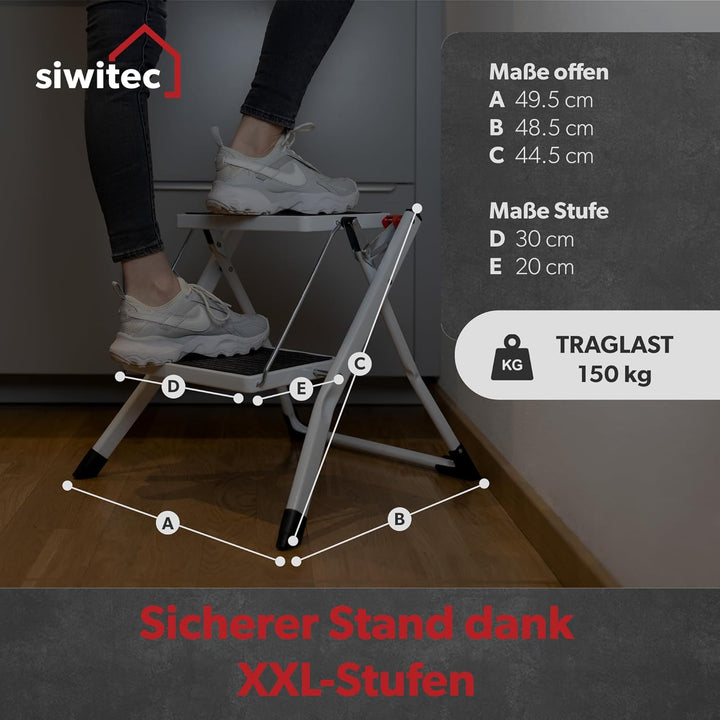 siwitec Mini Klapptritt mit 2 Stufen, Faltbare Leiter, Tritthocker bis zu 150 kg belastbar, Trittlei