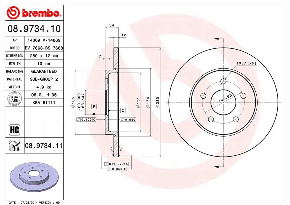 Brembo 08.9734.11 Hintere Bremsscheibe, Anzahl 2