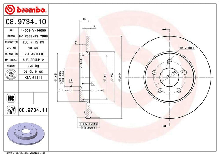 Brembo 08.9734.11 Hintere Bremsscheibe, Anzahl 2