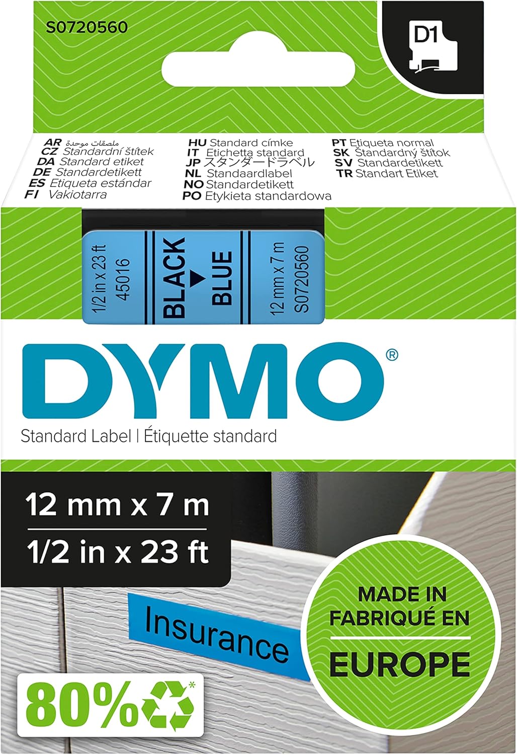 DYMO Original D1-Etikettenband, schwarz auf blau, 12 mm x 7 m, selbstklebendes Schriftband, für Labe