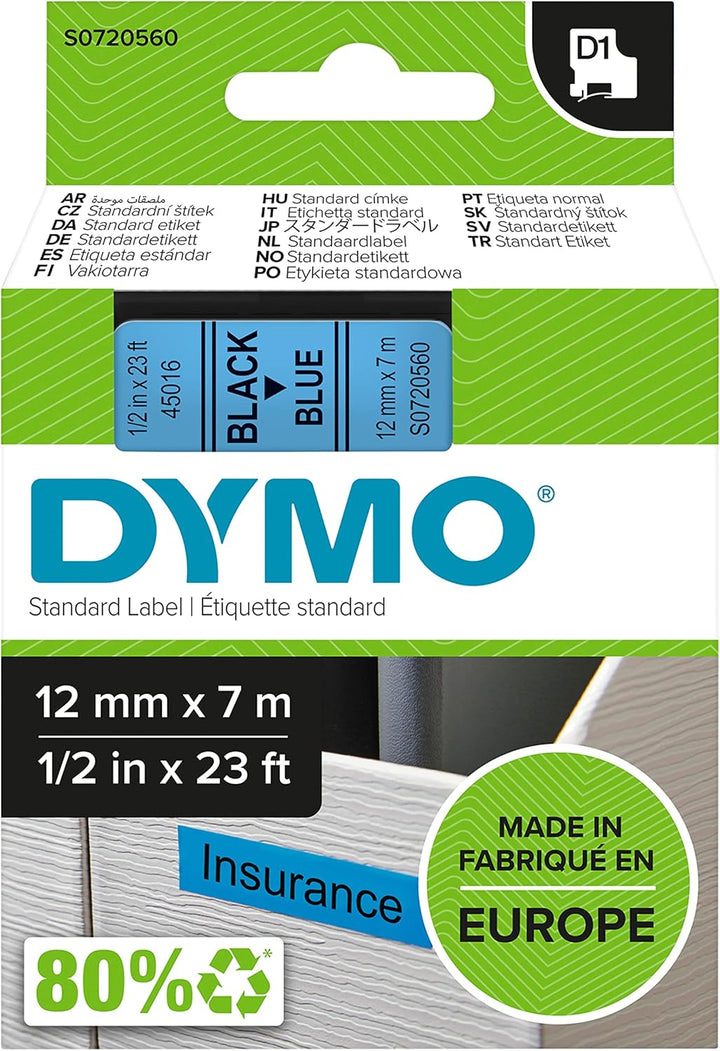 DYMO Original D1-Etikettenband, schwarz auf blau, 12 mm x 7 m, selbstklebendes Schriftband, für Labe