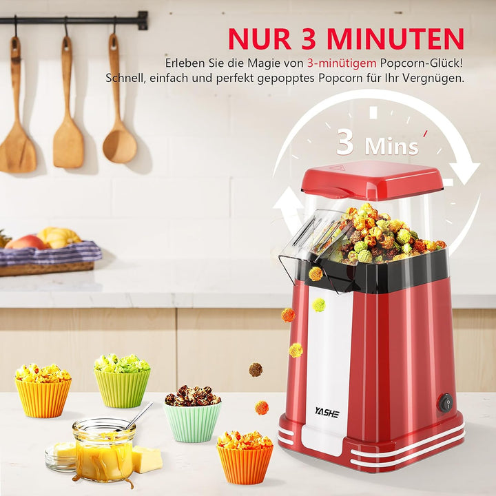 YASHE Popcornmaschine Retro, 1200W Heissluft-Popcornmaschine mit Messbecher, One-Touch, Ölfrei, Perf