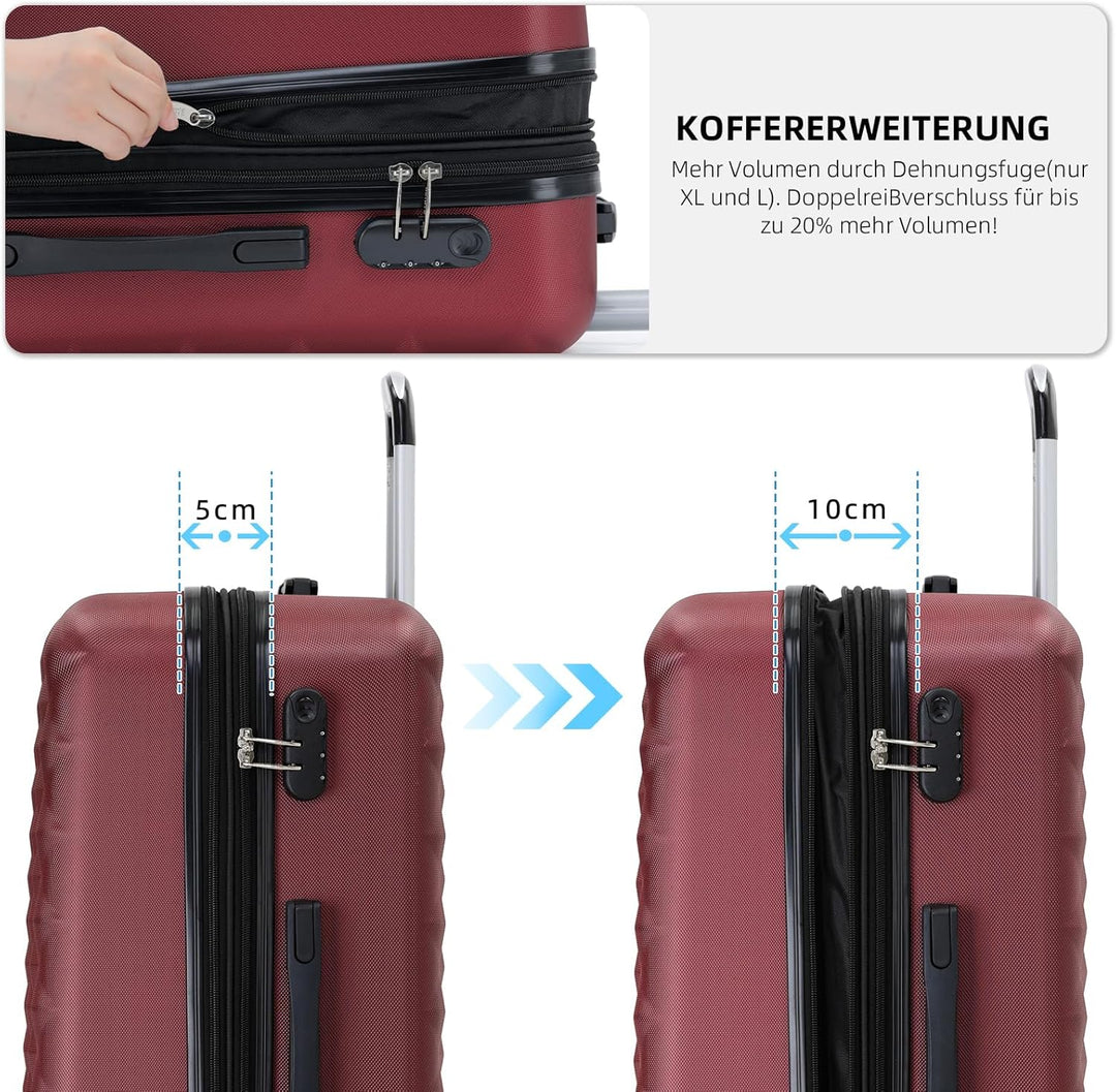 BEIBYE Zwillingsrollen 2066 Hartschale Trolley Koffer Reisekoffer Gepäck M-L-XL-Set (Weinrot, L) Wei